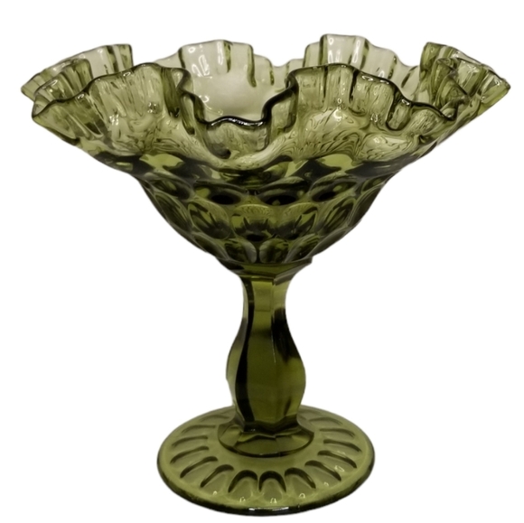 Colonial Green‎ Glass Thumbprint Footed Compote Candy Dish 7"H - Picture 1 of 7